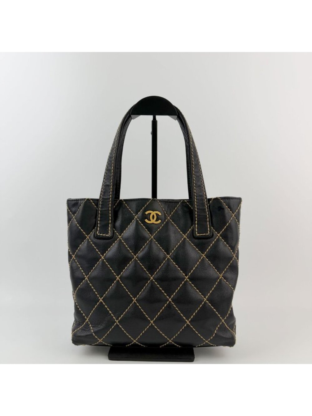 Chanel Wild Stitch CC Logo Handbag Leather Black Gold Seal Vintage